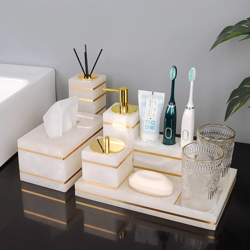 White Onyx Natural Marble Bathroom Accessories Luxury Golden Soap Dispenser Toothbrush Holder Soap Dish Tray Set for Bathroom