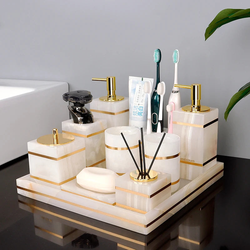 White Onyx Natural Marble Bathroom Accessories Luxury Golden Soap Dispenser Toothbrush Holder Soap Dish Tray Set for Bathroom